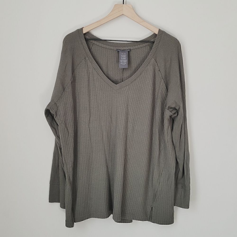 Chelsea & Theodore Olive Green Waffle Long Sleeve V-Neck Size XXL